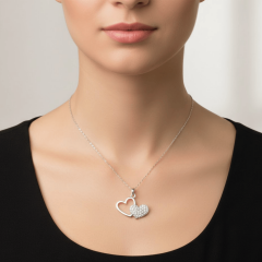 925 Ayar Gümüş Kolye - (İki Kalp Bir Arada)