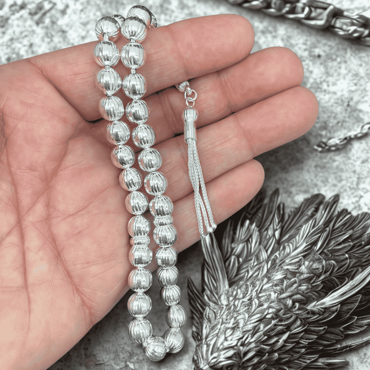 925 Ayar Parlak Bombeli Gümüş Tesbih