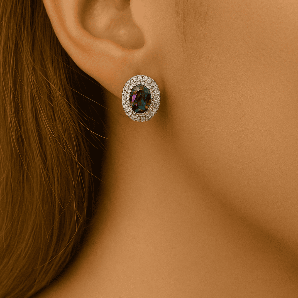 925 Ayar Renkli Taşlı Oval Küpe