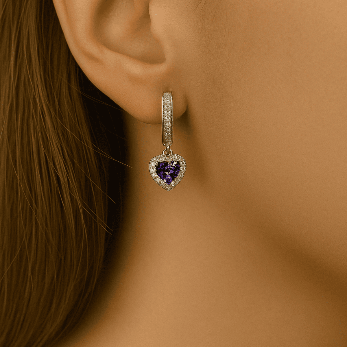 925 Ayar Mor Kalp Taşlı Gümüş Küpe