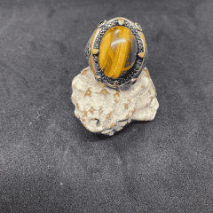 925 Ayar Gümüş Yüzük - Aslan Gözü Taşlı Erkek Yüzük