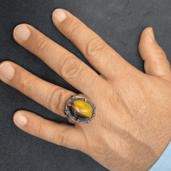 925 Ayar Gümüş Yüzük - Aslan Gözü Taşlı Erkek Yüzük