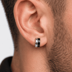 Çelik Erkek Küpe Çift Renk Mat & Parlak Siyah Gümüş Tasarım (Tekli)