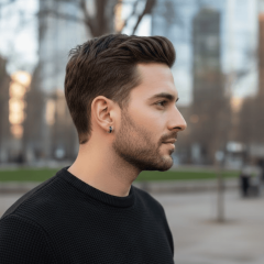 Çelik Erkek Küpe Çift Renk Mat & Parlak Siyah Gümüş Tasarım (Tekli)