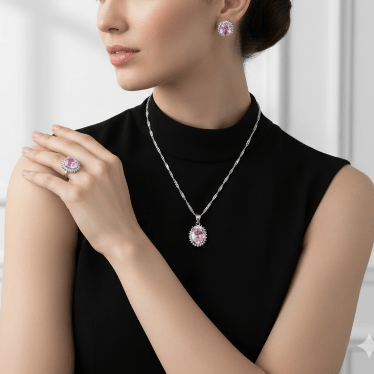 925 Ayar Gümüş Set (Pembe Kuvars  Taşlı)