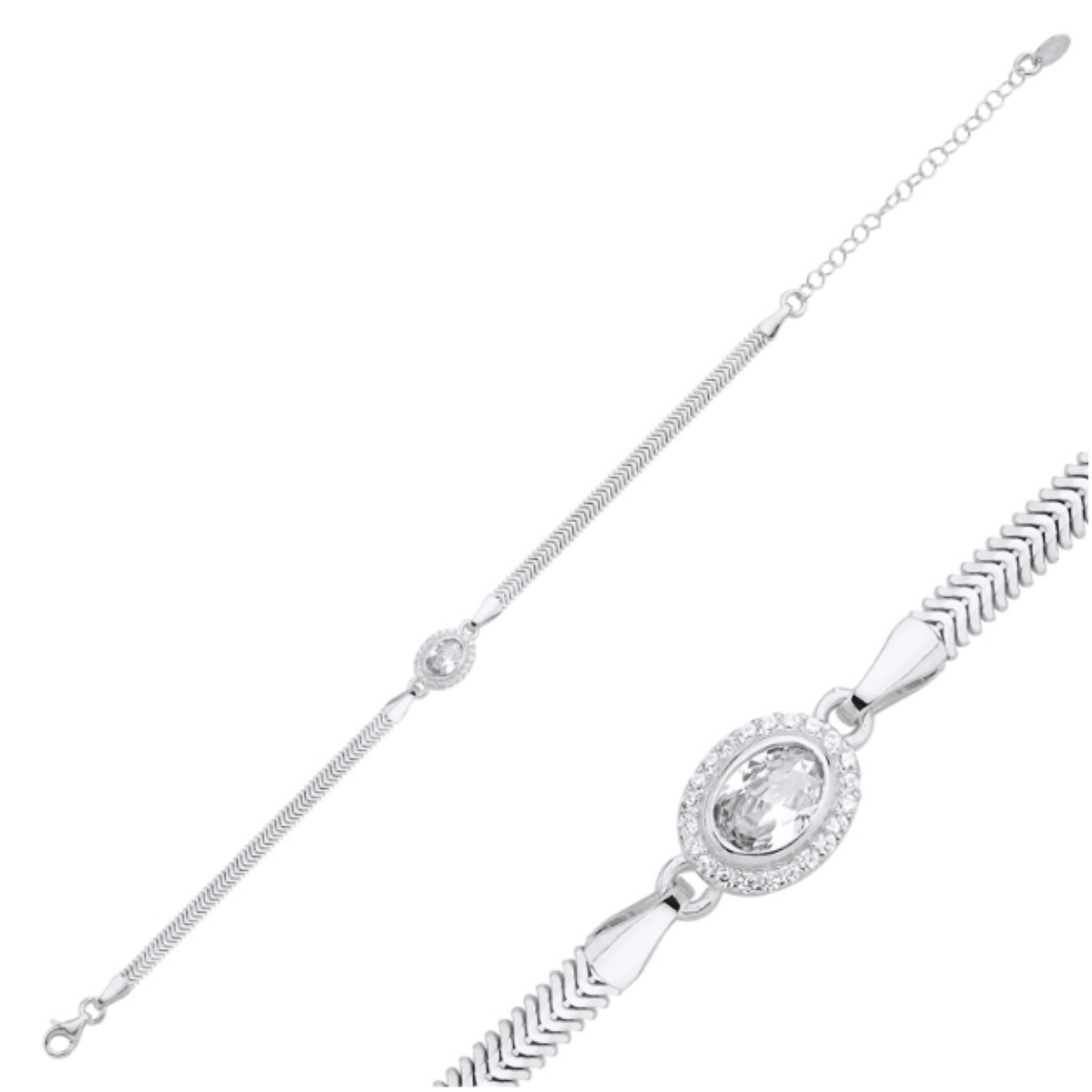 925 Ayar Halo Zirkon Taşlı Yassı Yılan Zincirli Bileklik