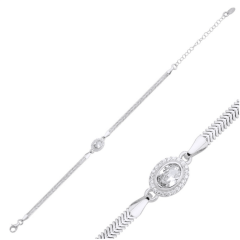 925 Ayar Halo Zirkon Taşlı Yassı Yılan Zincirli Bileklik