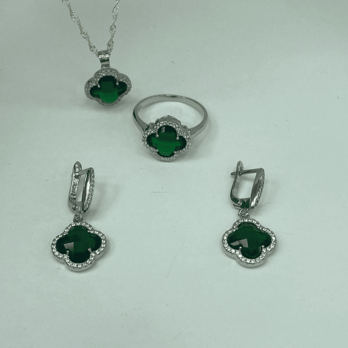 925 Ayar Gümüş Yeşil Taşlı Dörtlü Takı Seti