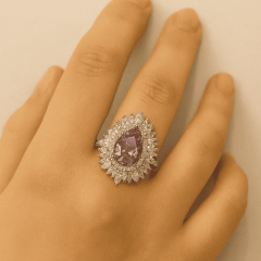 925 Ayar Gümüş Pembe Damla Kesim Zirkon Taşlı Işıltılı Yüzük