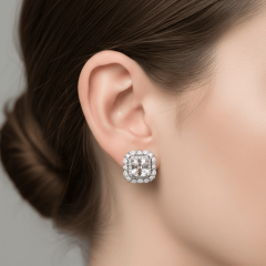 Zirkon Taşlı Kare Model Pembe Taşlı Gümüş Renk Küpe