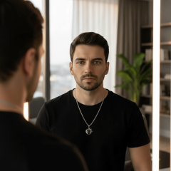 925 Ayar Gümüş Güneş ve Ay Figürlü Oniks Taşlı Erkek Kolye