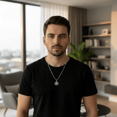 925 Ayar Gümüş Güneş ve Ay Figürlü Oniks Taşlı Erkek Kolye