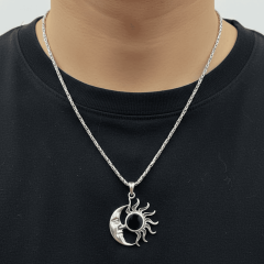 925 Ayar Gümüş Güneş ve Ay Figürlü Oniks Taşlı Erkek Kolye