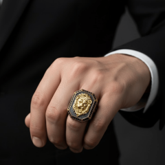 925 Ayar Gümüş Sekizgen Tasarım Aslan Figürlü Erkek Yüzük