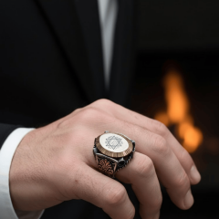 925 Ayar Gümüş Mühr-ü Süleyman İşlemeli Erkek Yüzük