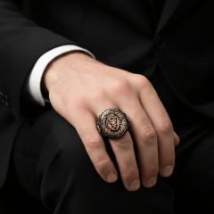 925 Ayar Gümüş Ay Yıldız Detaylı Aslan Motifli Erkek Yüzük