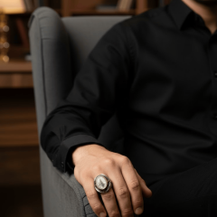 Osmanlı Tuğralı Siyah Zirkon Detaylı Erkek Gümüş Yüzük