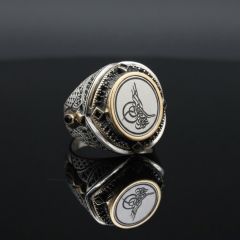 Osmanlı Tuğralı Siyah Zirkon Detaylı Erkek Gümüş Yüzük