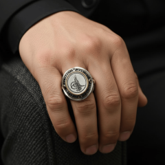 Osmanlı Tuğralı Siyah Zirkon Detaylı Erkek Gümüş Yüzük