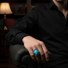 Firuze Taşlı Osmanlı Motifli Erkek Gümüş Yüzük