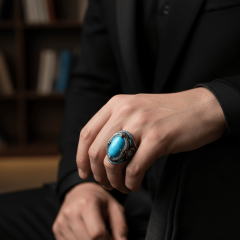 Firuze Taşlı Osmanlı Motifli Erkek Gümüş Yüzük