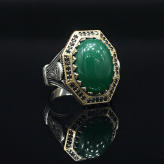 Yeşil Akik Taşlı Osmanlı Motifli Erkek Gümüş Yüzük