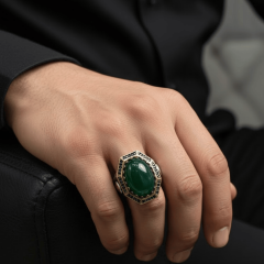 Yeşil Akik Taşlı Osmanlı Motifli Erkek Gümüş Yüzük