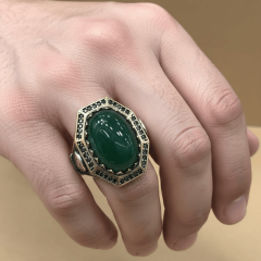 Yeşil Akik Taşlı Osmanlı Motifli Erkek Gümüş Yüzük